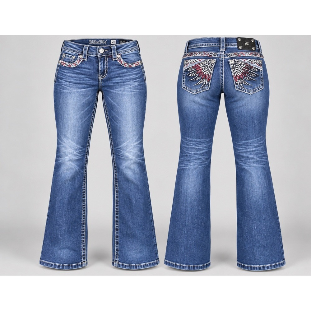 MISS ME JEANS womens 28x31 boot Mid-Rise Boot Aztec t rhinestones feathers y2k